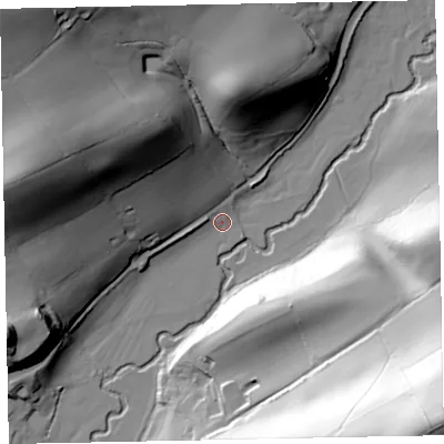 Shaded relief map of the ground around EX169AD, computed from Environment Agency LiDAR. The ground here sits at about 104 m above sea level and falls 108 m across the surrounding 800 m. Surface water reaching this point runs off ground lying to the west-north-west, 54.0 m higher.