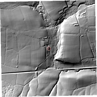 Shaded relief map of the ground around EX169AF, computed from Environment Agency LiDAR. The ground here sits at about 133 m above sea level and falls 28 m across the surrounding 800 m. Surface water reaching this point runs off ground lying to the west-north-west, 6.7 m higher.