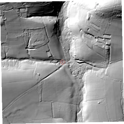Shaded relief map of the ground around EX169AN, computed from Environment Agency LiDAR. The ground here sits at about 145 m above sea level and falls 101 m across the surrounding 800 m. Surface water reaching this point runs off ground lying to the north-west, 57.0 m higher.
