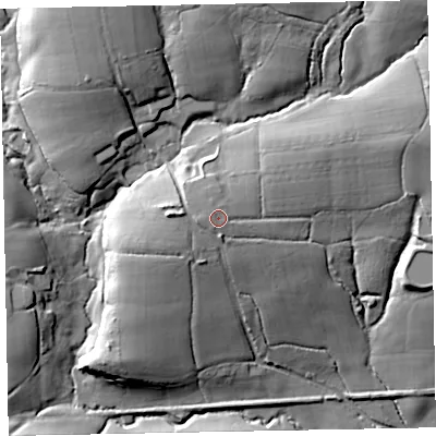 Shaded relief map of the ground around EX169AS, computed from Environment Agency LiDAR. The ground here sits at about 143 m above sea level and falls 31 m across the surrounding 800 m. Surface water reaching this point runs off ground lying to the west, 1.2 m higher.