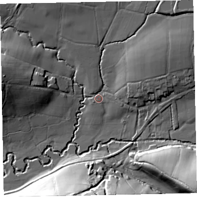 Shaded relief map of the ground around EX169AU, computed from Environment Agency LiDAR. The ground here sits at about 114 m above sea level and falls 35 m across the surrounding 800 m. Surface water reaching this point runs off ground lying to the north-east, 12.0 m higher.