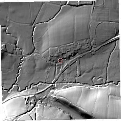 Shaded relief map of the ground around EX169AY, computed from Environment Agency LiDAR. The ground here sits at about 115 m above sea level and falls 39 m across the surrounding 800 m. Surface water reaching this point runs off ground lying to the north-north-east, 9.9 m higher.