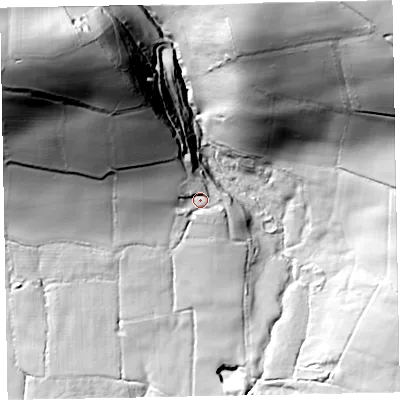 Shaded relief map of the ground around EX169BR, computed from Environment Agency LiDAR. The ground here sits at about 177 m above sea level and falls 136 m across the surrounding 800 m. Surface water reaching this point runs off ground lying to the north-north-west, 13.4 m higher.