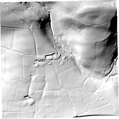 Shaded relief map of the ground around EX169BS, computed from Environment Agency LiDAR. The ground here sits at about 185 m above sea level and falls 115 m across the surrounding 800 m. Surface water reaching this point runs off ground lying to the west, 8.1 m higher.