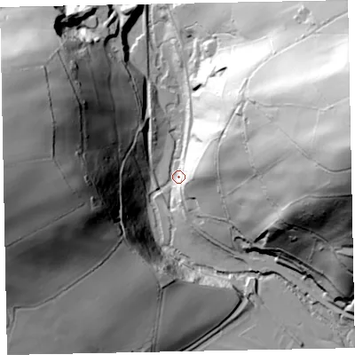 Shaded relief map of the ground around EX169DX, computed from Environment Agency LiDAR. The ground here sits at about 95 m above sea level and falls 113 m across the surrounding 800 m. Surface water reaching this point runs off ground lying to the east-north-east, 106.5 m higher.