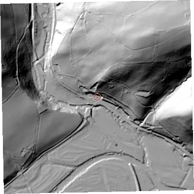 Shaded relief map of the ground around EX169DY, computed from Environment Agency LiDAR. The ground here sits at about 94 m above sea level and falls 120 m across the surrounding 800 m. Surface water reaching this point runs off ground lying to the north-east, 110.1 m higher.