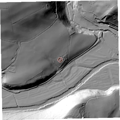Shaded relief map of the ground around EX169EF, computed from Environment Agency LiDAR. The ground here sits at about 107 m above sea level and falls 98 m across the surrounding 800 m. Surface water reaching this point runs off ground lying to the north-west, 80.2 m higher.