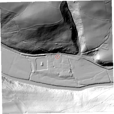 Shaded relief map of the ground around EX169EG, computed from Environment Agency LiDAR. The ground here sits at about 95 m above sea level and falls 104 m across the surrounding 800 m. Surface water reaching this point runs off ground lying to the north-north-west, 95.2 m higher.