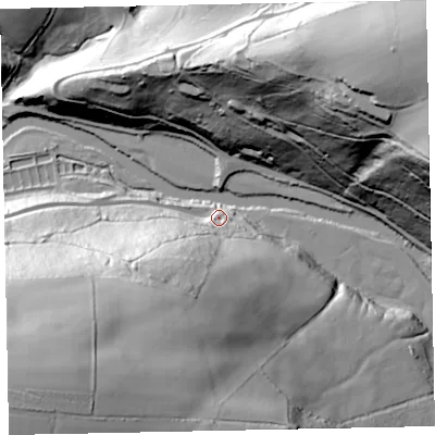 Shaded relief map of the ground around EX169EQ, computed from Environment Agency LiDAR. The ground here sits at about 106 m above sea level and falls 99 m across the surrounding 800 m. Surface water reaching this point runs off ground lying to the south-west, 95.8 m higher.
