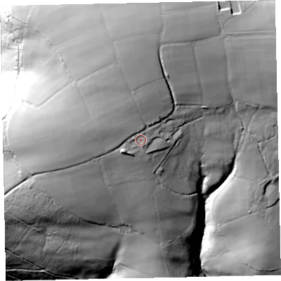 Shaded relief map of the ground around EX169EU, computed from Environment Agency LiDAR. The ground here sits at about 224 m above sea level and falls 97 m across the surrounding 800 m. Surface water reaching this point runs off ground lying to the north-north-west, 12.1 m higher.