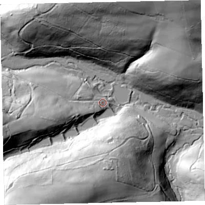 Shaded relief map of the ground around EX169EX, computed from Environment Agency LiDAR. The ground here sits at about 146 m above sea level and falls 76 m across the surrounding 800 m. Surface water reaching this point runs off ground lying to the west-south-west, 32.3 m higher.