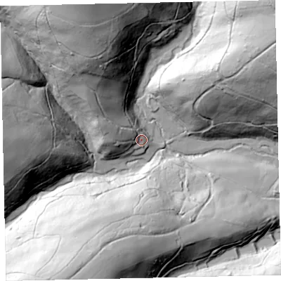 Shaded relief map of the ground around EX169EY, computed from Environment Agency LiDAR. The ground here sits at about 152 m above sea level and falls 81 m across the surrounding 800 m. Surface water reaching this point runs off ground lying to the north-north-west, 59.8 m higher.