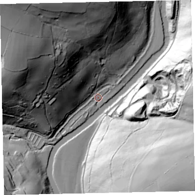 Shaded relief map of the ground around EX169HJ, computed from Environment Agency LiDAR. The ground here sits at about 107 m above sea level and falls 107 m across the surrounding 800 m. Surface water reaching this point runs off ground lying to the north-west, 81.9 m higher.