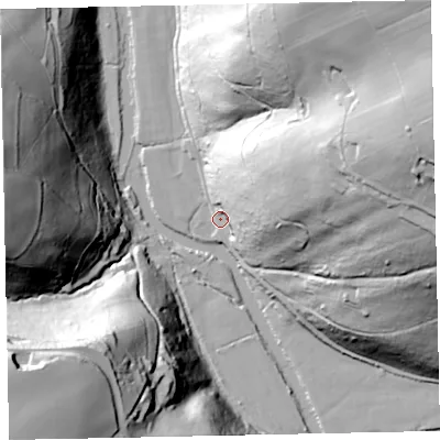 Shaded relief map of the ground around EX169HZ, computed from Environment Agency LiDAR. The ground here sits at about 104 m above sea level and falls 94 m across the surrounding 800 m. Surface water reaching this point runs off ground lying to the east-north-east, 60.2 m higher.