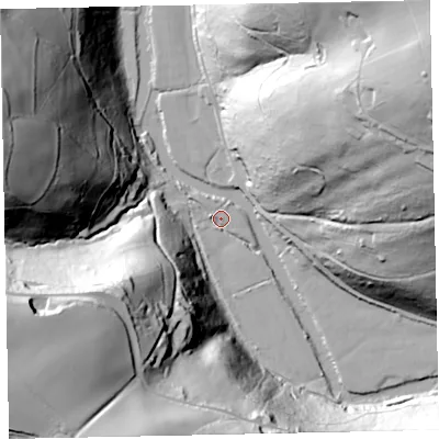 Shaded relief map of the ground around EX169JA, computed from Environment Agency LiDAR. The ground here sits at about 103 m above sea level and falls 87 m across the surrounding 800 m. Surface water reaching this point runs off ground lying to the west-south-west, 3.3 m higher.