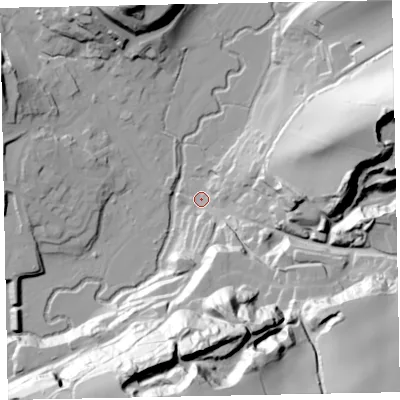 Shaded relief map of the ground around EX169LL, computed from Environment Agency LiDAR. The ground here sits at about 101 m above sea level and falls 74 m across the surrounding 800 m. Surface water reaching this point runs off ground lying to the south, 70.7 m higher.