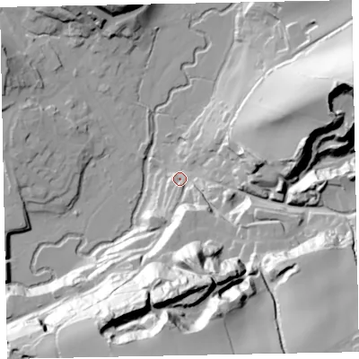 Shaded relief map of the ground around EX169LN, computed from Environment Agency LiDAR. The ground here sits at about 105 m above sea level and falls 74 m across the surrounding 800 m. Surface water reaching this point runs off ground lying to the south, 68.8 m higher.