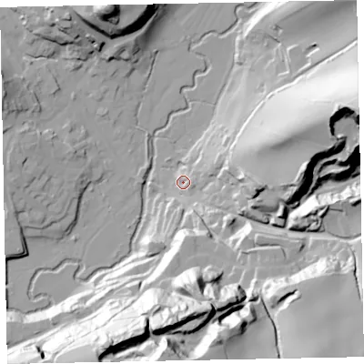 Shaded relief map of the ground around EX169LP, computed from Environment Agency LiDAR. The ground here sits at about 103 m above sea level and falls 74 m across the surrounding 800 m. Surface water reaching this point runs off ground lying to the east-north-east, 10.5 m higher.