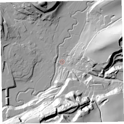 Shaded relief map of the ground around EX169LS, computed from Environment Agency LiDAR. The ground here sits at about 101 m above sea level and falls 74 m across the surrounding 800 m. Surface water reaching this point runs off ground lying to the south, 71.5 m higher.