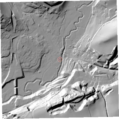 Shaded relief map of the ground around EX169LT, computed from Environment Agency LiDAR. The ground here sits at about 100 m above sea level and falls 75 m across the surrounding 800 m. Surface water reaching this point runs off ground lying to the south, 73.1 m higher.