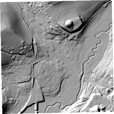 Shaded relief map of the ground around EX169ND, computed from Environment Agency LiDAR. The ground here sits at about 103 m above sea level and falls 60 m across the surrounding 800 m. Surface water reaching this point runs off ground lying to the west-north-west, 54.7 m higher.