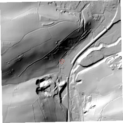 Shaded relief map of the ground around EX169NL, computed from Environment Agency LiDAR. The ground here sits at about 99 m above sea level and falls 98 m across the surrounding 800 m. Surface water reaching this point runs off ground lying to the north-west, 77.4 m higher.