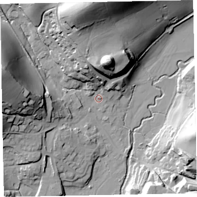 Shaded relief map of the ground around EX169NS, computed from Environment Agency LiDAR. The ground here sits at about 104 m above sea level and falls 55 m across the surrounding 800 m. Surface water reaching this point runs off ground lying to the north, 49.0 m higher.