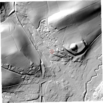 Shaded relief map of the ground around EX169NT, computed from Environment Agency LiDAR. The ground here sits at about 111 m above sea level and falls 62 m across the surrounding 800 m. Surface water reaching this point runs off ground lying to the north-east, 9.3 m higher.