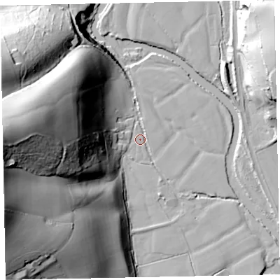 Shaded relief map of the ground around EX169PD, computed from Environment Agency LiDAR. The ground here sits at about 73 m above sea level and falls 81 m across the surrounding 800 m. Surface water reaching this point runs off ground lying to the west, 75.9 m higher.