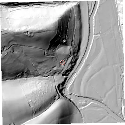 Shaded relief map of the ground around EX169PE, computed from Environment Agency LiDAR. The ground here sits at about 89 m above sea level and falls 96 m across the surrounding 800 m. Surface water reaching this point runs off ground lying to the north-west, 70.9 m higher.