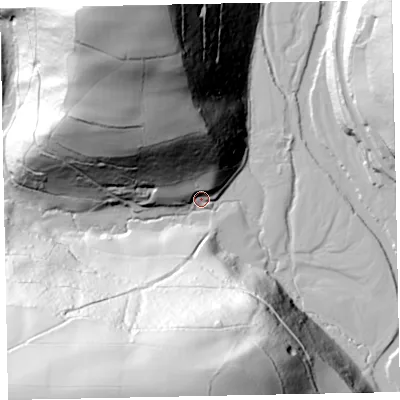 Shaded relief map of the ground around EX169PG, computed from Environment Agency LiDAR. The ground here sits at about 81 m above sea level and falls 116 m across the surrounding 800 m. Surface water reaching this point runs off ground lying to the south-south-west, 111.3 m higher.