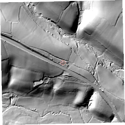 Shaded relief map of the ground around EX169QU, computed from Environment Agency LiDAR. The ground here sits at about 129 m above sea level and falls 70 m across the surrounding 800 m. Surface water reaching this point runs off ground lying to the west-north-west, 24.7 m higher.