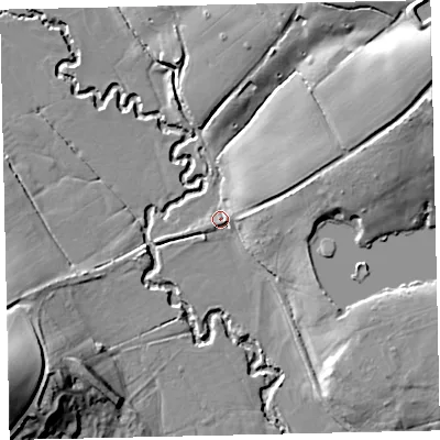 Shaded relief map of the ground around EX171AB, computed from Environment Agency LiDAR. The ground here sits at about 41 m above sea level and falls 35 m across the surrounding 800 m. Surface water reaching this point runs off ground lying to the north-east, 30.8 m higher.