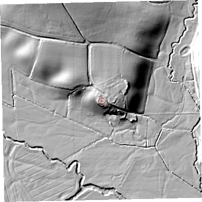 Shaded relief map of the ground around EX171AQ, computed from Environment Agency LiDAR. The ground here sits at about 42 m above sea level and falls 28 m across the surrounding 800 m. Surface water reaching this point runs off ground lying to the north-east, 2.1 m higher.