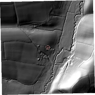 Shaded relief map of the ground around EX171AW, computed from Environment Agency LiDAR. The ground here sits at about 42 m above sea level and falls 54 m across the surrounding 800 m. Surface water reaching this point runs off ground lying to the west-north-west, 13.7 m higher.