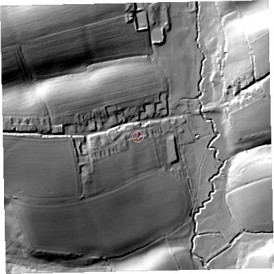 Shaded relief map of the ground around EX171AX, computed from Environment Agency LiDAR. The ground here sits at about 56 m above sea level and falls 49 m across the surrounding 800 m. Surface water reaching this point runs off ground lying to the west-south-west, 30.0 m higher.