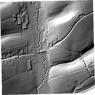 Shaded relief map of the ground around EX171AZ, computed from Environment Agency LiDAR. The ground here sits at about 47 m above sea level and falls 60 m across the surrounding 800 m. Surface water reaching this point runs off ground lying to the north-east, 54.3 m higher.