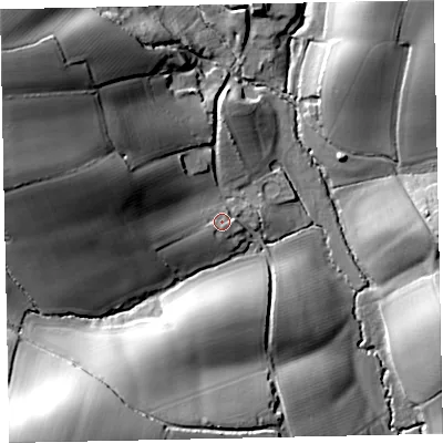 Shaded relief map of the ground around EX171BN, computed from Environment Agency LiDAR. The ground here sits at about 53 m above sea level and falls 50 m across the surrounding 800 m. Surface water reaching this point runs off ground lying to the west-north-west, 26.3 m higher.