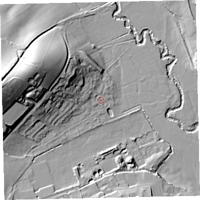 Shaded relief map of the ground around EX171FE, computed from Environment Agency LiDAR. The ground here sits at about 41 m above sea level and falls 40 m across the surrounding 800 m. Surface water reaching this point runs off ground lying to the north-west, 14.8 m higher.