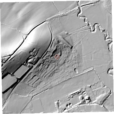 Shaded relief map of the ground around EX171JZ, computed from Environment Agency LiDAR. The ground here sits at about 47 m above sea level and falls 45 m across the surrounding 800 m. Surface water reaching this point runs off ground lying to the west-north-west, 21.4 m higher.