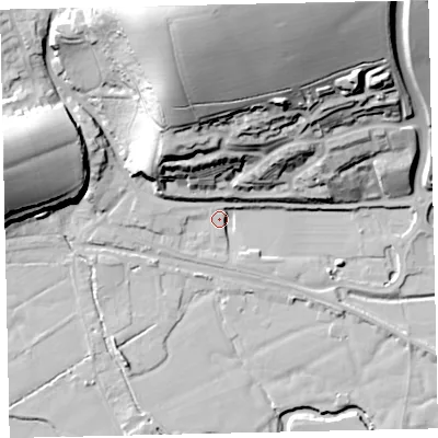 Shaded relief map of the ground around EX173BN, computed from Environment Agency LiDAR. The ground here sits at about 40 m above sea level and falls 56 m across the surrounding 800 m. Surface water reaching this point runs off ground lying to the north, 52.5 m higher.