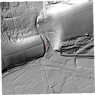 Shaded relief map of the ground around EX173BT, computed from Environment Agency LiDAR. The ground here sits at about 48 m above sea level and falls 53 m across the surrounding 800 m. Surface water reaching this point runs off ground lying to the west, 23.7 m higher.