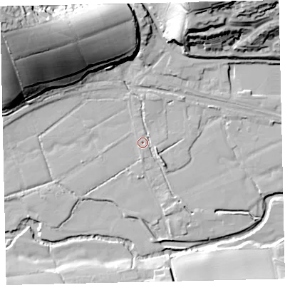 Shaded relief map of the ground around EX173DB, computed from Environment Agency LiDAR. The ground here sits at about 40 m above sea level and falls 50 m across the surrounding 800 m. Surface water reaching this point runs off ground lying to the north-west, 45.2 m higher.