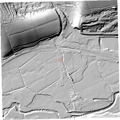 Shaded relief map of the ground around EX173DD, computed from Environment Agency LiDAR. The ground here sits at about 40 m above sea level and falls 51 m across the surrounding 800 m. Surface water reaching this point runs off ground lying to the north-west, 46.3 m higher.