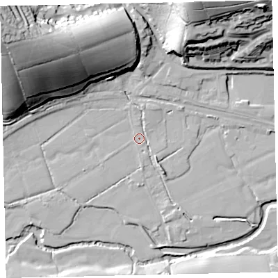 Shaded relief map of the ground around EX173DE, computed from Environment Agency LiDAR. The ground here sits at about 40 m above sea level and falls 51 m across the surrounding 800 m. Surface water reaching this point runs off ground lying to the north-west, 45.8 m higher.