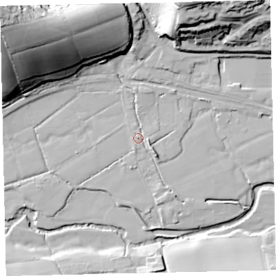 Shaded relief map of the ground around EX173DF, computed from Environment Agency LiDAR. The ground here sits at about 40 m above sea level and falls 50 m across the surrounding 800 m. Surface water reaching this point runs off ground lying to the north-west, 44.3 m higher.