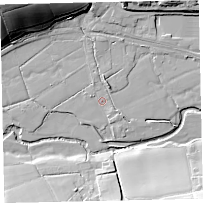 Shaded relief map of the ground around EX173DG, computed from Environment Agency LiDAR. The ground here sits at about 40 m above sea level and falls 42 m across the surrounding 800 m. Surface water reaching this point runs off ground lying to the north-west, 37.1 m higher.