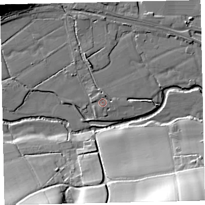 Shaded relief map of the ground around EX173DH, computed from Environment Agency LiDAR. The ground here sits at about 40 m above sea level and falls 42 m across the surrounding 800 m. Surface water reaching this point runs off ground lying to the north-north-west, 1.1 m higher.