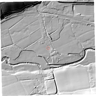 Shaded relief map of the ground around EX173DQ, computed from Environment Agency LiDAR. The ground here sits at about 39 m above sea level and falls 39 m across the surrounding 800 m. Surface water reaching this point runs off ground lying to the north-west, 34.0 m higher.