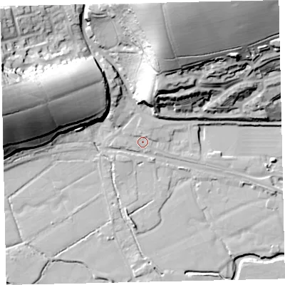 Shaded relief map of the ground around EX173FA, computed from Environment Agency LiDAR. The ground here sits at about 41 m above sea level and falls 55 m across the surrounding 800 m. Surface water reaching this point runs off ground lying to the west-north-west, 30.4 m higher.